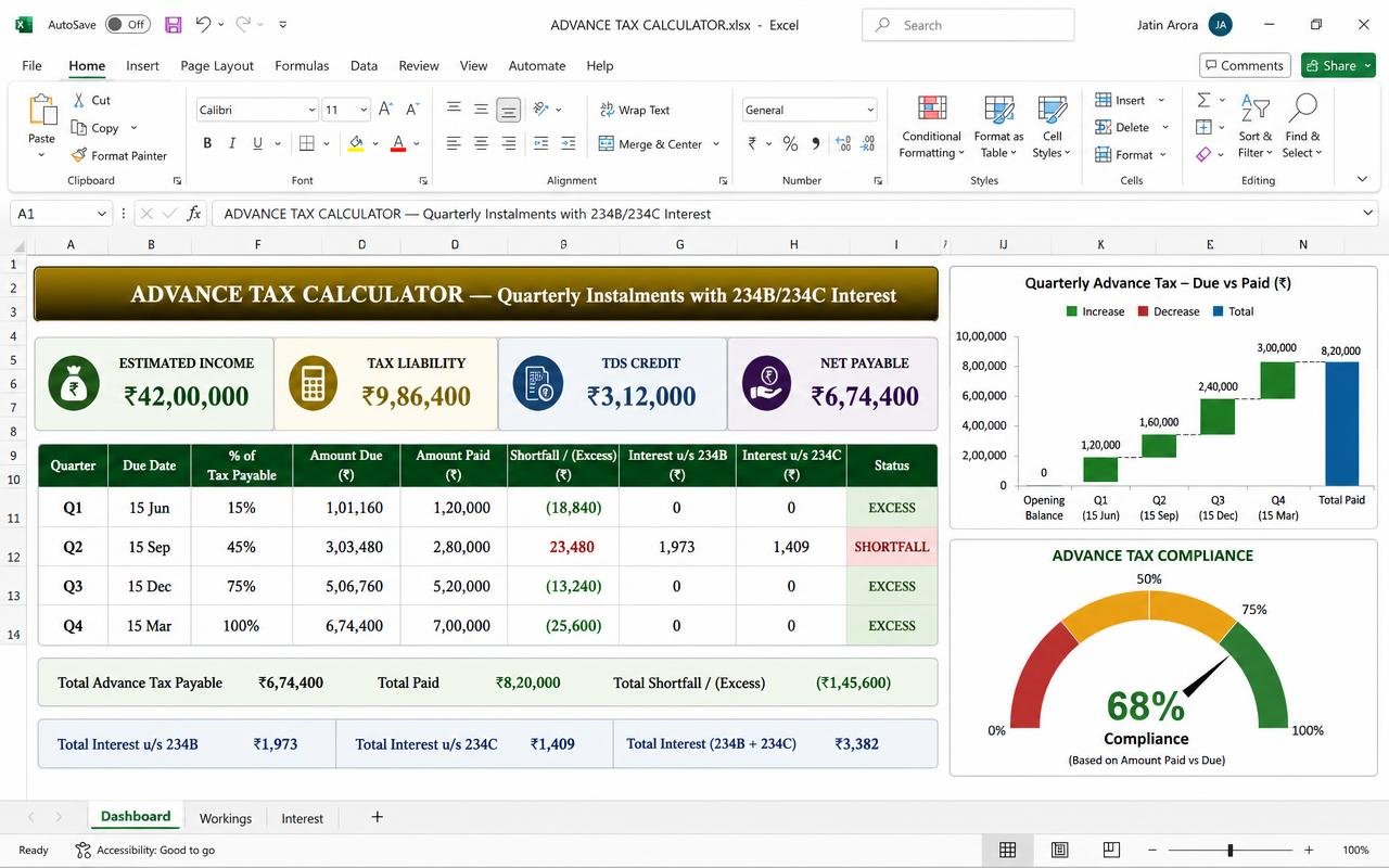 Advance Tax Calculator — Excel dashboard preview