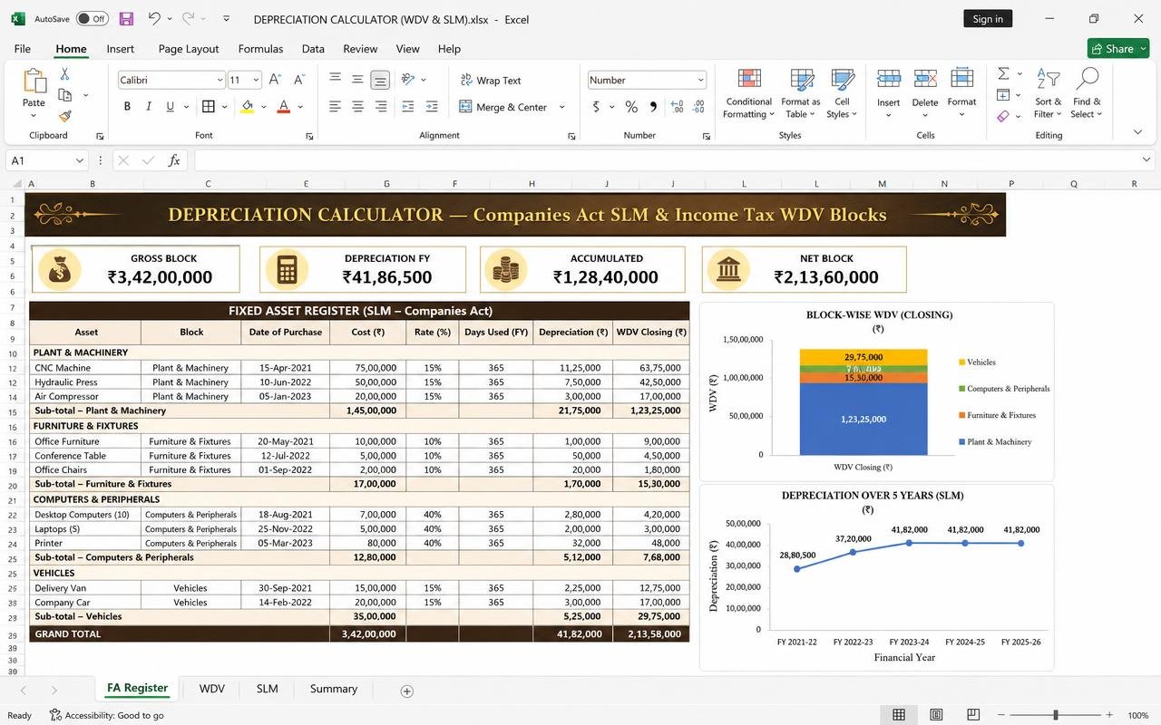 Depreciation Calculator (WDV & SLM) — Excel dashboard preview