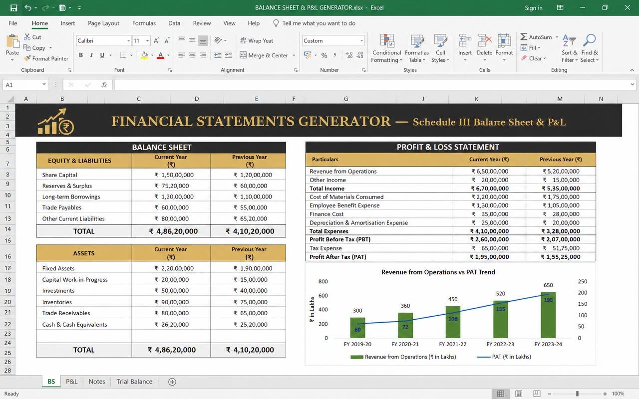 Balance Sheet & P&L Generator — Excel dashboard preview