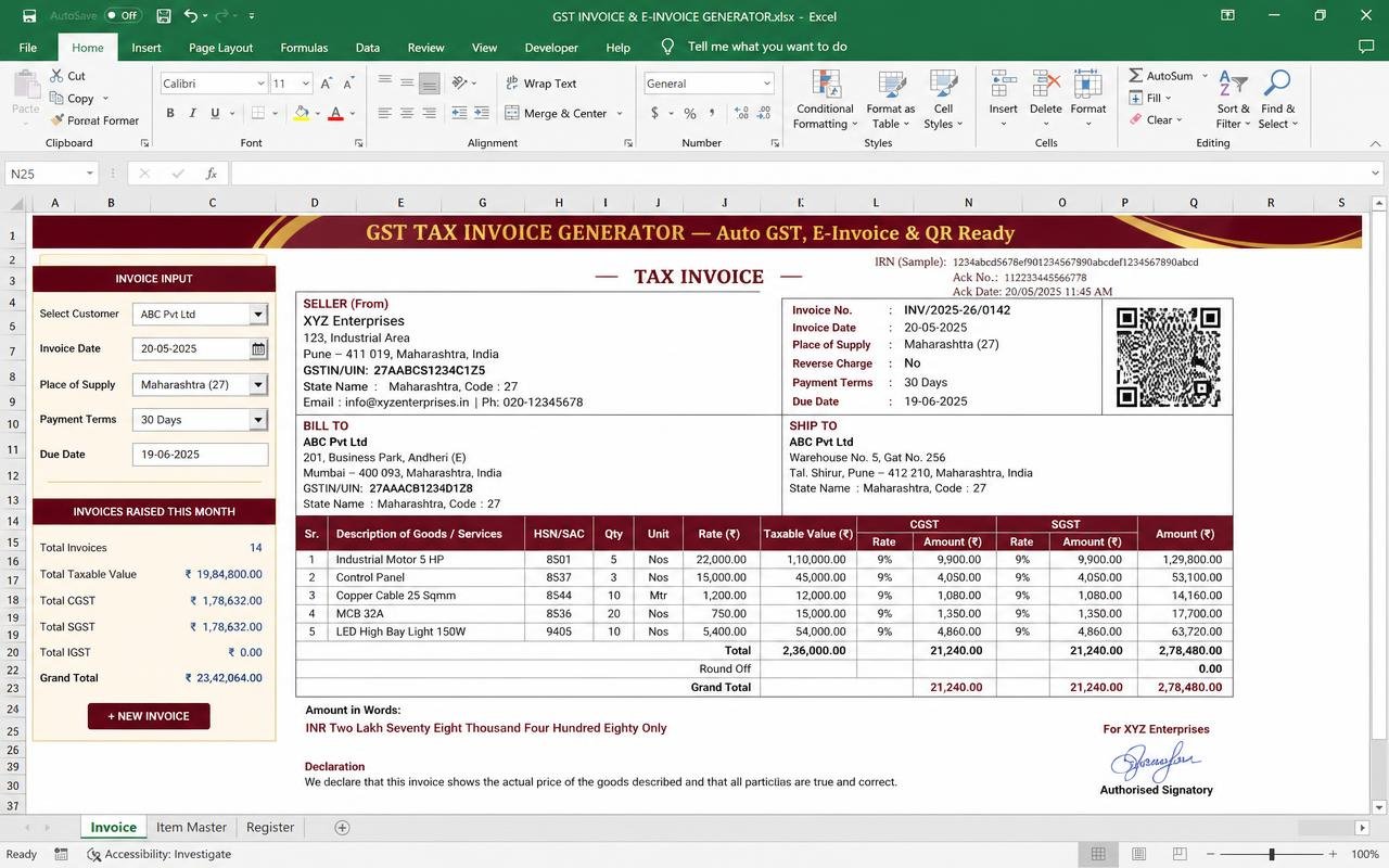 GST Invoice & E-Invoice Generator — Excel dashboard preview