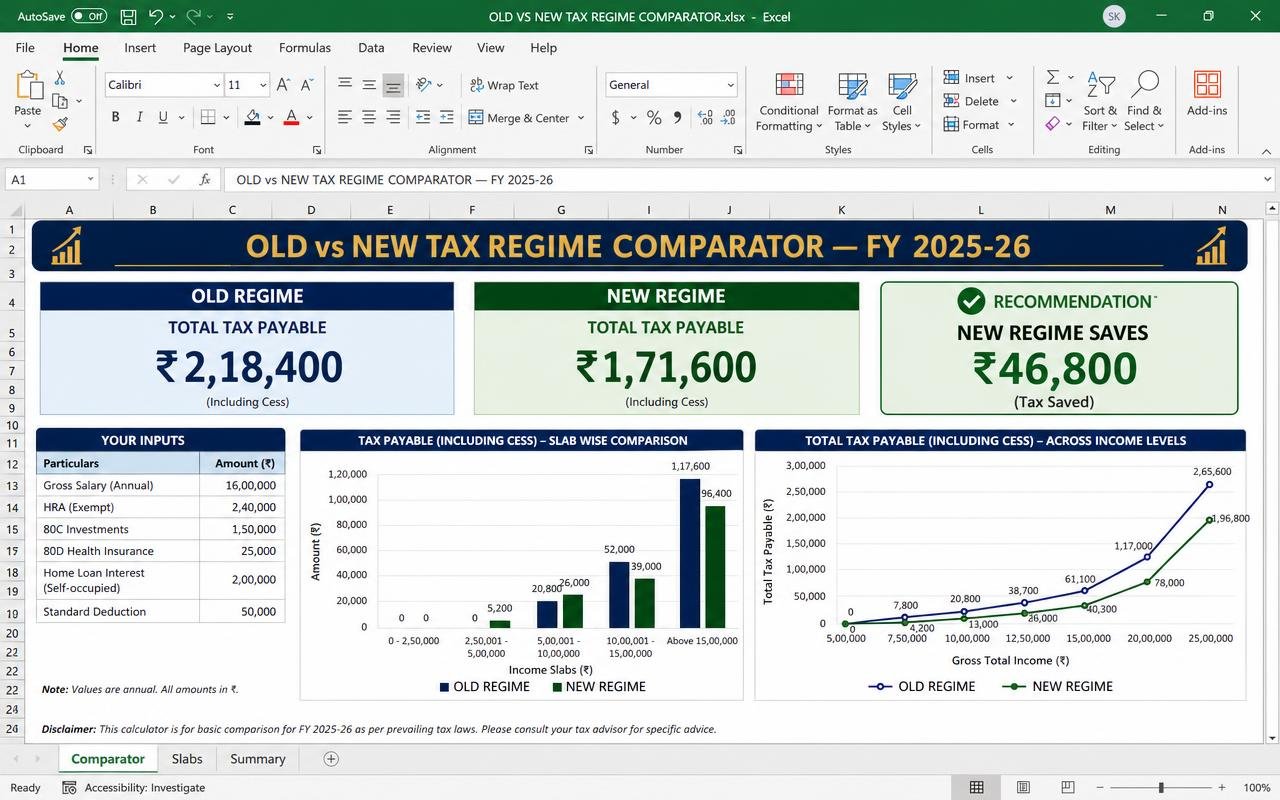 Old vs New Regime Comparator — Excel dashboard preview